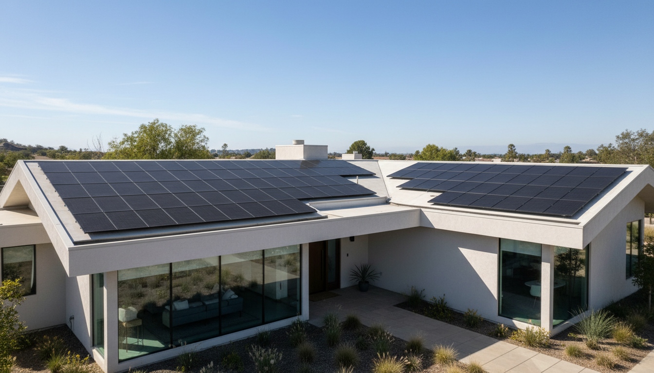 Modern flat roof home with clean residential solar panel system showing well-planned PV module layout and rooftop design integration
